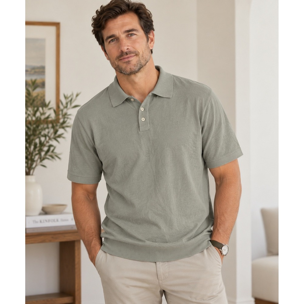 Porter & Ash Mens XL Stone Beige Crinkle Knit Short Sleeve Polo Shirt Minimalist